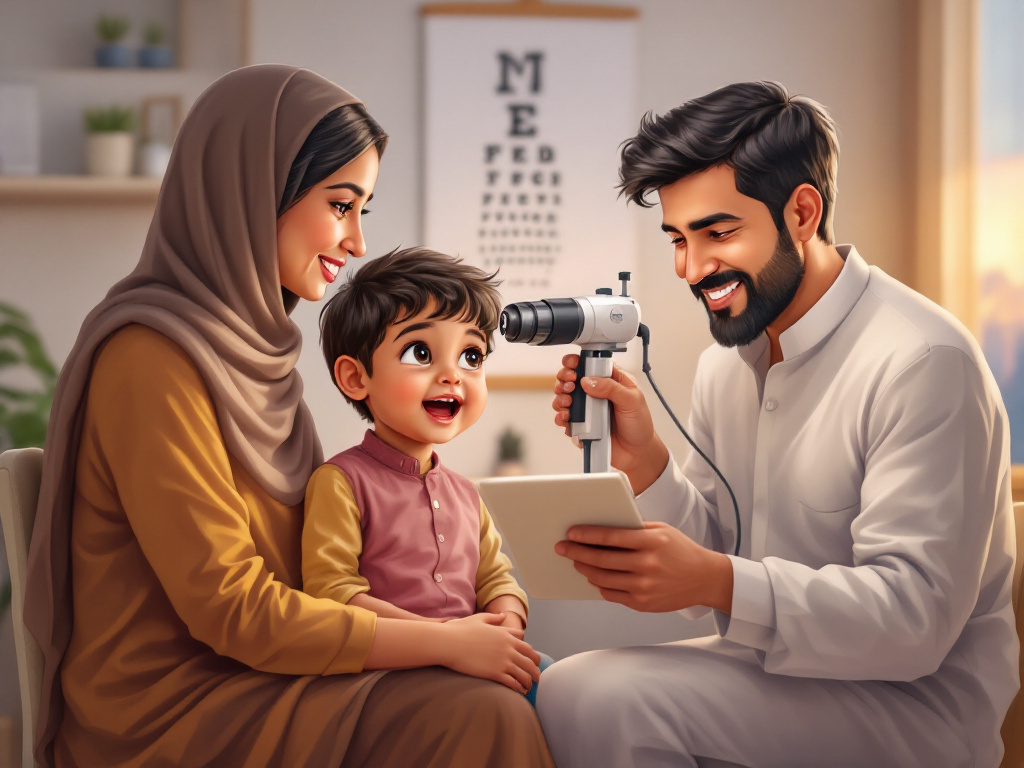 A child undergoing a retinal exam with a handheld ophthalmoscope, seated on a parent’s lap in a clinic, with an eye chart in the background.