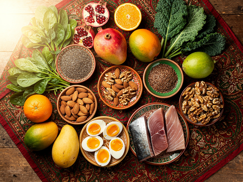 A colorful arrangement of foods that support retinal health