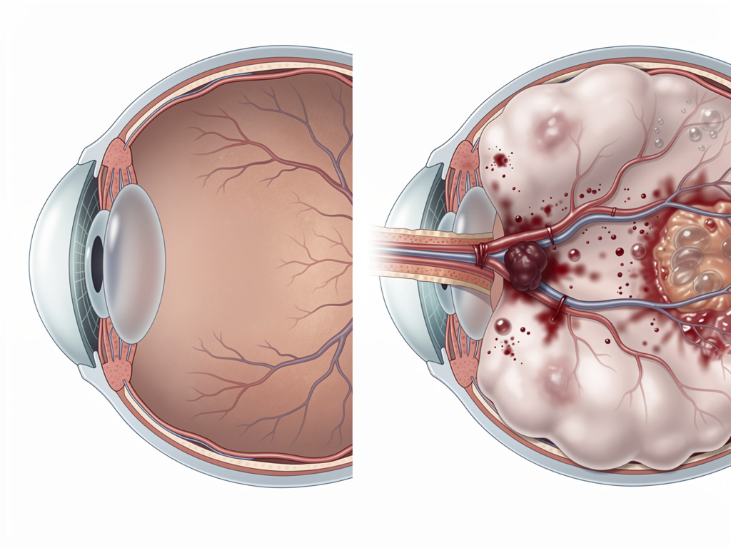 A cross-section of the eye highlighting retinal vein occlusion, showing a blocked retinal vein with a blood clot, swelling, and fluid buildup in the retina, compared to a healthy retina.